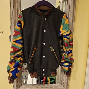Handmade Varsity Jacket Multi Colored Kente Inspired Pattern Sleeves
